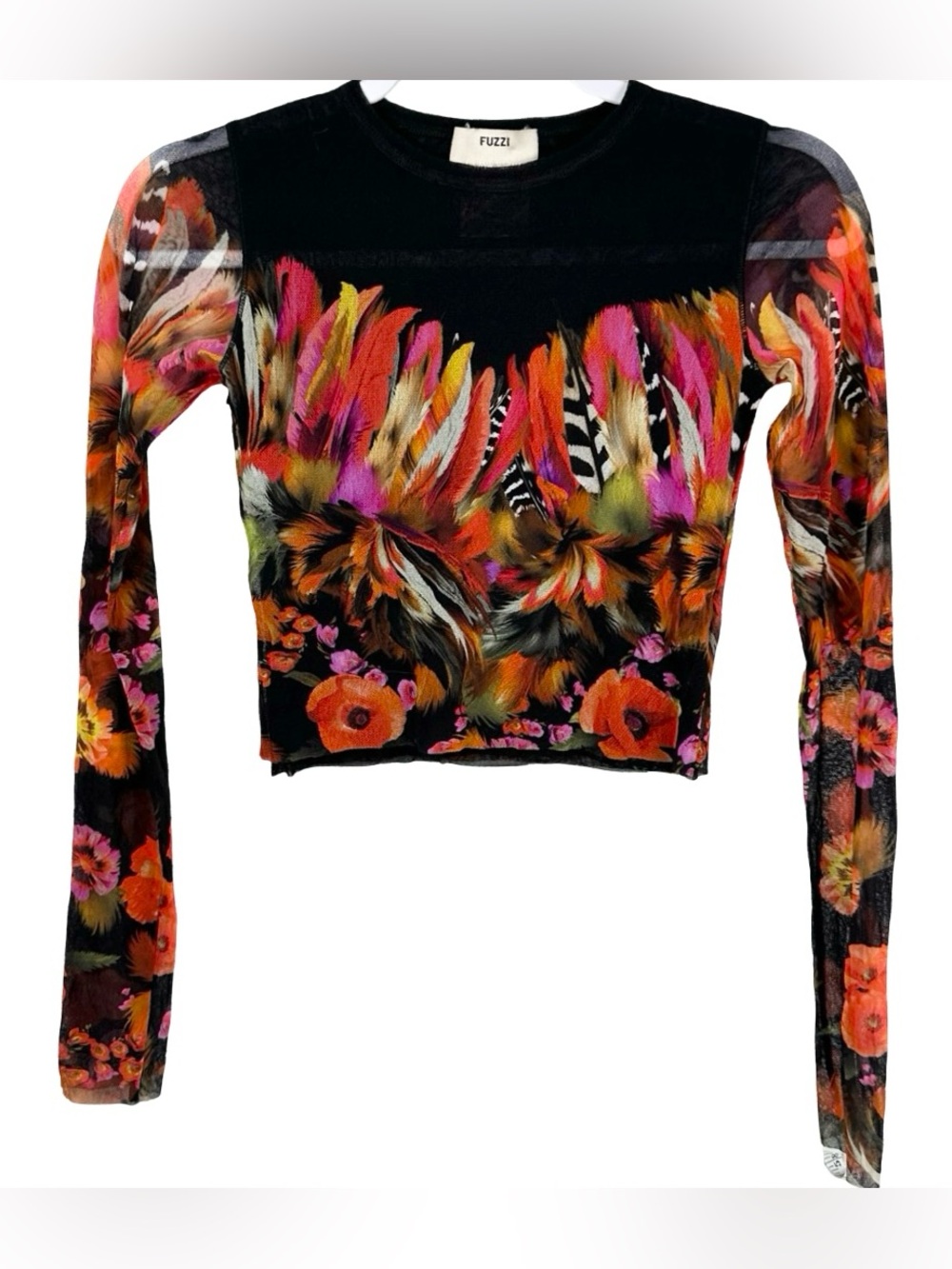 Fuzzi Black Floral Feather Print Cropped Long Sleeve Mesh Designer Top Sz Medium